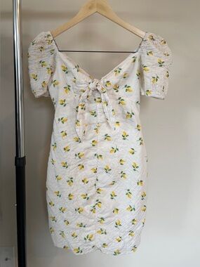 TOPSHOP white Lemon Print Puff-Sleeve Tie-Front Summer Dress